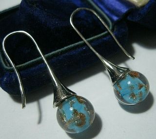 Aqua Blue Venetian Murano Glass Gold Foil Bead Vintage Style Drop Earrings