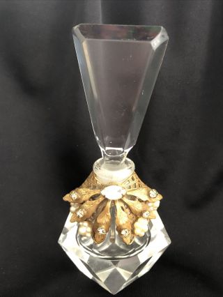 Vintage Gilded Ormolu Faux Pearl Rhinestone Cut Glass Perfume Bottle W/dauber