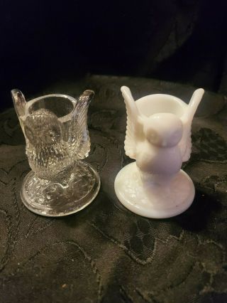 Pair Vintage Westmoreland Milk Glass & Clear Owl Figurine Toothpick Holders 3”