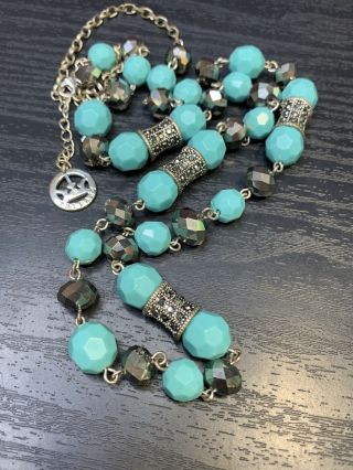 Vintage Crown Trifari Turquoise Lucite Marcasite Glass Crystal Necklace 30”