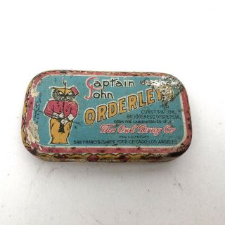 Captain John Orderleys Tin The Owl Drug Co Store Vintage Pill Box Laxatives