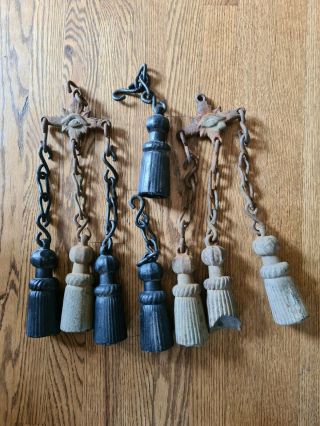 Antique Gate Weights Chain W/ Triple Tassels Drop Masonic Victorian & 2 Singles