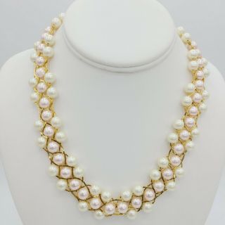 Trifari Signed Faux Pearl Gold Tone Laced Vintage Necklace