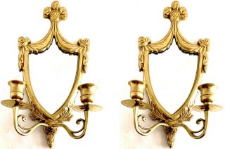 Pair Ornate Vintage Large Brass Wall Double Candle Sconces With Mirrors