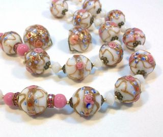 Vintage Murano Wedding Cake Venetian Art Glass Bead Necklace & Earring Set