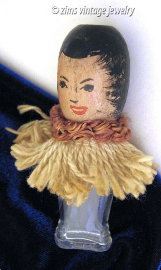 Vintage Old Hawaiian Folk Art Hand Painted Wood Hula Girl Glass Perfume Bottle