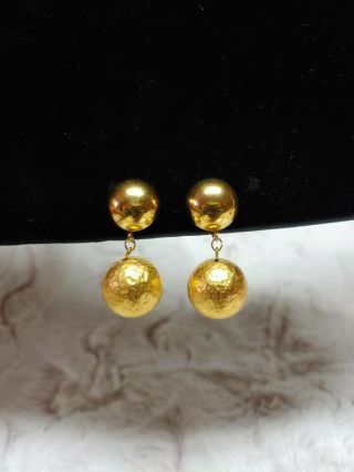 Vintage Napier Signed Gold Tone 2 Ball Dangle Clip On Earrings