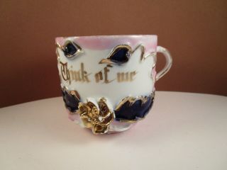 Vintage Made In Germany Coffee Mug Cup Think Of Me Gold Flower Pink Lustre