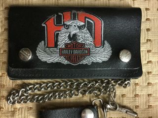Vintage Made In The Usa Screamin Eagle Harley Davidson Leather Wallet W Chain