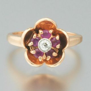 Antique Art Deco 14k Rose Gold 0.  40ctw Old Mine Cut Diamond Flower Cluster Ring