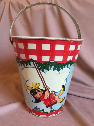 Vintage Ohio Art Tin Litho Child’s Sand Pail Bucket Children Swinging