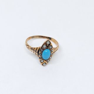 1800’s Antique Victorian 10k Rose Gold Ring Turquoise And Seed Pearls Sz 7.  5