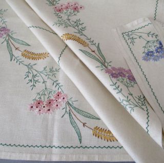 Vintage Hand Embroidered Linen 34 " Table Topper Colorful Wildflowers Paragon