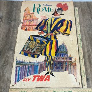 Fly Twa Rome Travel Poster 40x25 Litho David Klein Vintage 60s Mcm Art