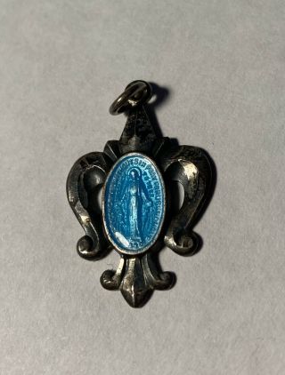 Vintage Sterling Silver Blue Enamel Virgin Mary Miraculous Medal Pendant