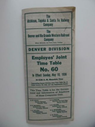 1936 Santa Fe And Denver Rio Grande Western Joint Employee Timetable No 60 Atsf