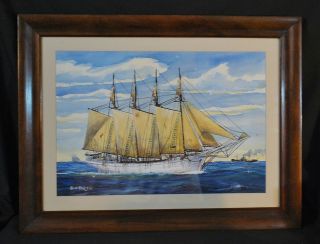 Vintage Orig Watercolor Sailing Ship Nautical Maritime Signed Bill Paxton Maine