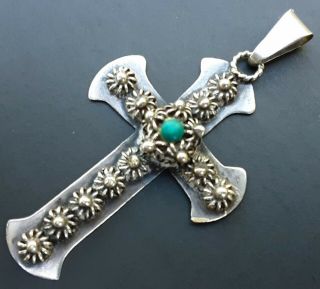 Vintage Taxco Mexico Sterling Silver Turquoise Cross Pendant
