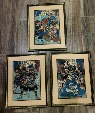 Vintage Japanese Samurai Painting Framed Art Set Of Three