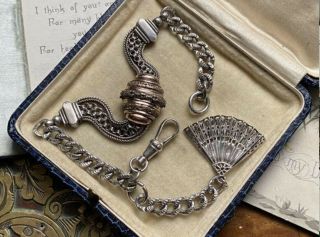Antique Sterling Silver Albertina Watch Chain Charm Bracelet With ‘hand Fan’ Fob