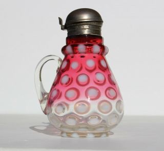 1880s Antique Hobbs Brockunier Cranberry Opalescent Coin Dot Glass Syrup Pitcher
