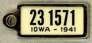 1941 Iowa 23 - 1571 Ident - O - Tag “dav” Key Chain License Plate Tag – Cond