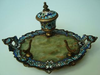 Antique French Bronze Gilt Champleve Enamel On Onyx Base Inkwell With Pen Holder
