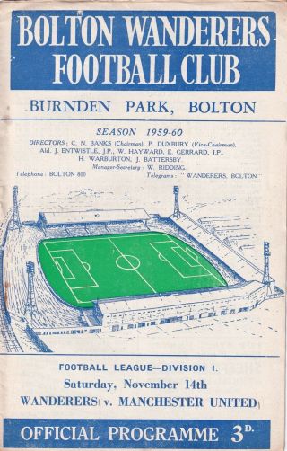 Bolton Wanderers Manchester United 1959 60 Football Programme Vintage League