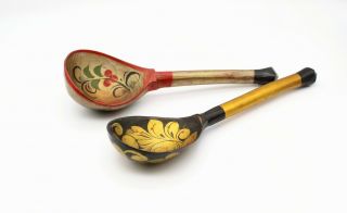 Set Of 2 Vintage Khokhloma Wooden Spoons,  Russian Hand Painted