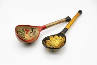 Set of 2 Vintage Khokhloma Wooden Spoons,  Russian Hand Painted 3