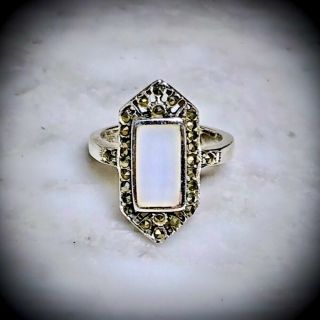 Vintage Art Deco Style Sterling Silver Marcasite Mother Of Pearl Ring Retro Sz.  7