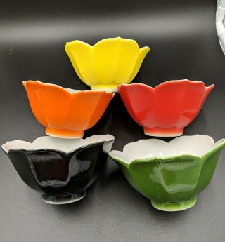 Lotus Tulip Porcelain 5 Bowls Vintage Japan Black Red Orange Green Yellow