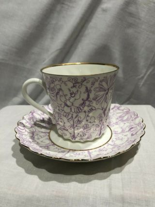 Vintage Lomonosov Floral Purple Tea Cup & Saucer Made In Russia