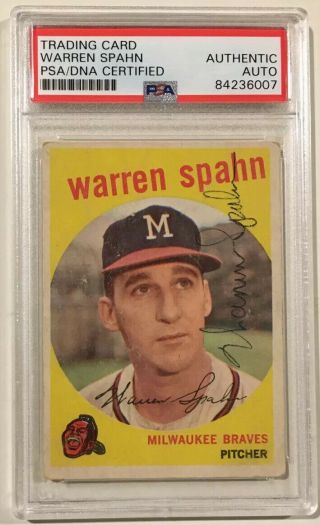 1959 Topps Warren Spahn Signed Baseball Card Psa/dna 40 Milwaukee Braves Hof