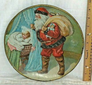 Antique Victorian Santa Claus Christmas Tray Plate Doll Toy Bag Girl Tin Litho