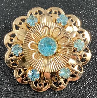 Vintage Brooch Pin Small Gold Tone Flower Aqua Blue Crystal Rhinestones Lot3