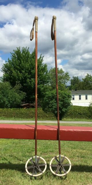 Antique Split Bamboo Ski Poles 60 " Long,  7 1/2 " Leather Baskets Snow Skis Lovely