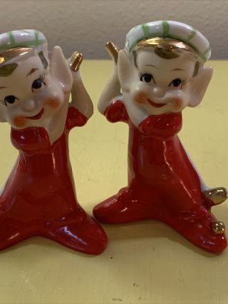 Vintage 1950’s Pixie Elves Salt Pepper Shakers Mcm Golf Gold Christmas Elf Japan