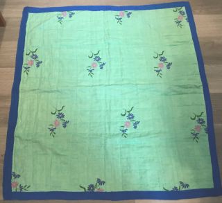 Small Vintage Quilt With Flower & Leaf Embroidery,  Green With Blue Edges,  Satiny