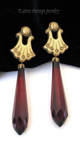 Vintage Victorian Style Brass Sconce Garnet Red Lucite Crystal Dangle Earrings