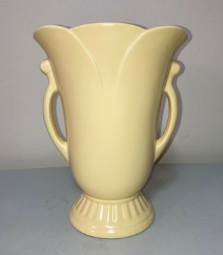 Large Vintage Tulip Double Handled Butter Matte Yellow Art Deco 11 " Vase