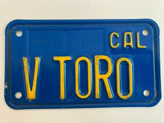 1970s 1980s California Blue Motorcycle License Plate Vanity " V Toro " Bull