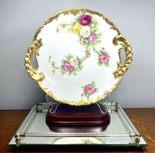 Antique C1896 T&v Limoges France Hand Painted Cake Plate Roses Heavy Gilt 11.  25”