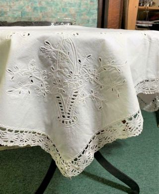 Vintage Pure Linen Tablecloth Embroidered Baskets Swags Open Work Lace 39x41