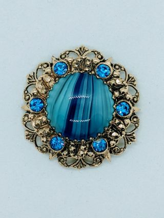 Vintage Czech Filigree Blue Topaz Rhinestone Marbled Glass Round Brooch Pin