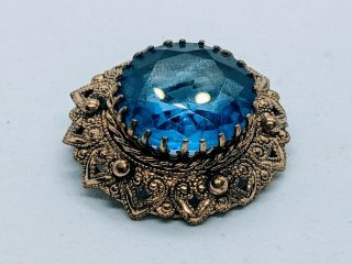 Vintage Czech Filigree Gold Blue Sapphire Rhinestone Glass Round Brooch Pin