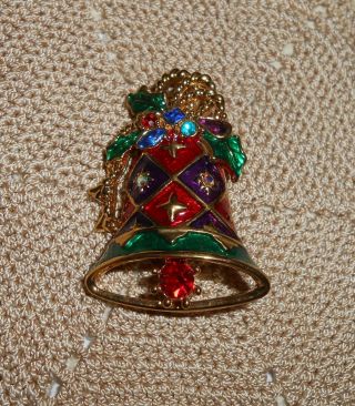 Vintage Christopher Radko Signed Enamel Christmas Bell Brooch Pin Rhinestone C89