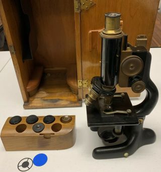 Antique 1915 Bausch & Lomb Microscope With Wood Storage Case - No Key