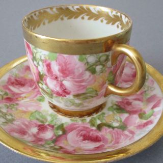 Antique Limoges Porcelain Demitasse Cup,  Saucer Pink Roses W Lush Gilt Pouyat