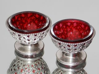 Pair Victorian George Angell Solid Silver & Cranberry Glass Open Salts